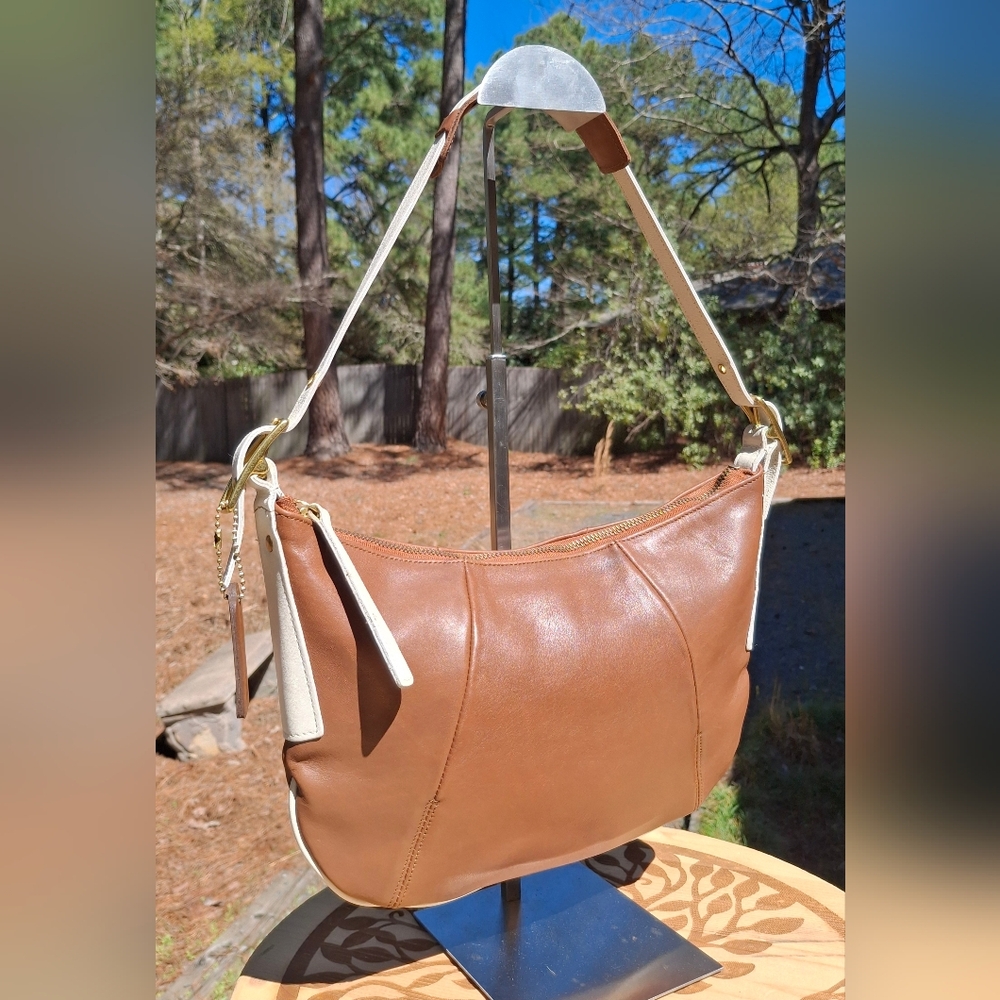 VTG 1999 Coach Brown/White Glove Tanned Leather Fortune Cookie Hobo Bag #9214